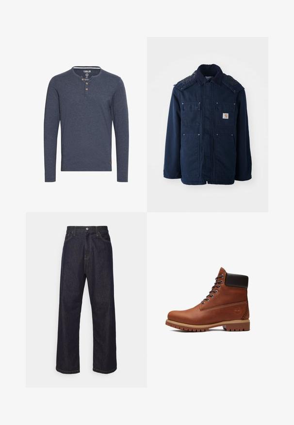 Chaquetón aislante de color azul marino con botón al frente, dos bolsillos en el pecho y un diseño acolchado en los hombros. Fabricado con tejido resistente.; Solid SDVOLKO - Camiseta de manga larga - mottled blue; Jeans de mezclilla de pierna recta en azul oscuro con costuras amarillas, botón delantero, cremallera y diseño de cinco bolsillos.; Bota marrón de cuero con cordones, cuello acolchado negro, suela gruesa color beige y logo de árbol en relieve en el lateral del talón.