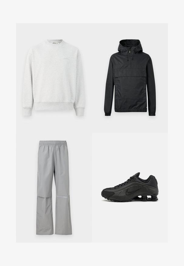 Sort pullover-jakke med hætte, elastiske manchetter, en frontlomme og halv-lynlås. Lavet af letvægts, vandafvisende materiale.; Grå sweatshirts med rund hals, ribbede ærmer og bund. Lavet af et blødt stof, med et lille logo på brystet.; Lysegrå vandtætte regnbukser med elastisk talje og refleksstribe på højre ben, designet til udendørs brug.; Sorte løbesko med en glat syntetisk overdel, perforerede detaljer, teksturerede sidedele og en distinkt fjedrende sål.