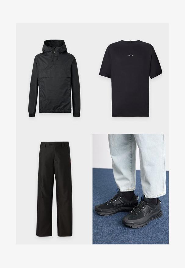 Čierna mikina s kapucňou, elastickými manžetami, prednou vreckom a polovičným zipsom. Vyrobená z ľahkého, vodeodolného materiálu.; Oakley STACKED TEE - Tričko s potlačou - blackout; Čierne široké nohavice vyrobené z hladkej látky, s plochým predným dielom, pútkami na opasok a dvoma bočnými vreckami. Červený logo značky zdobí stranu.; Čierne športové topánky s textúrovanou tkaninou a gumovou podrážkou, so elastickými šnúrkami a modrým akcentom na päte. Nosia sa s svetlými riflami.