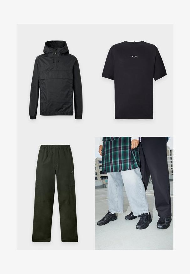 Schwarze Pulloverjacke mit Kapuze, elastischen Bündchen, einer Vordertasche und einem halben Reißverschluss. Aus leichtem, wasserabweisendem Material gefertigt.; Oakley STACKED TEE - T-Shirt print - blackout; Cargo-Hosen aus dunkelgrünem Stoff mit elastischem Bund, ausgestattet mit zwei seitlichen Taschen und einem kleinen Logo auf der Vorderseite.; Schwarze Sportschuhe mit Mesh- und Gummielementen. Kombiniert mit hellgrauen weiten Jeans und einem karierten grünen Oberteil. Flacher Hintergrund.