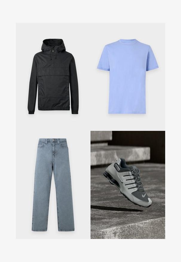 Sort pullover-jakke med hætte, elastiske manchetter, en frontlomme og halv-lynlås. Lavet af letvægts, vandafvisende materiale.; Lyseblå T-shirt med korte ærmer og rund hals, uden mønster, vist fladt mod en hvid baggrund.; Lysblå denim jeans med lige ben-design, fem lommer, metalknaplukning og en let falmet tekstur.; Grå og sort Nike Shox sportssko svæver over en tekstureret betonoverflade med skygger nedenunder.