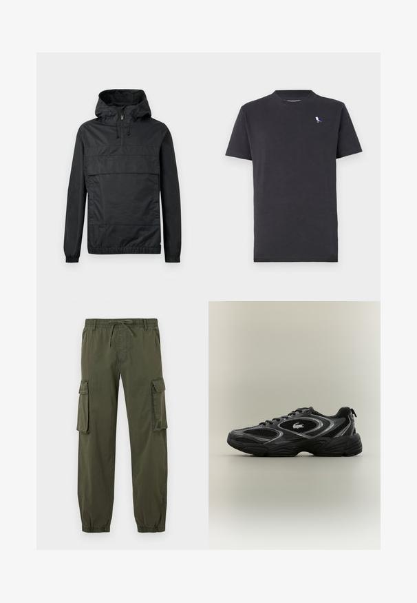 Schwarze Pulloverjacke mit Kapuze, elastischen Bündchen, einer Vordertasche und einem halben Reißverschluss. Aus leichtem, wasserabweisendem Material gefertigt.; Schwarzes Baumwoll-T-Shirt mit Rundhalsausschnitt und kurzen Ärmeln, mit einem kleinen mehrfarbigen Vogel-Logo auf der linken Brust.; Olivengrüne Cargo-Hosen aus leichtem Stoff. Elastischer Taillenbund mit Kordelzug, zwei Seitentaschen und zwei Cargotaschen an den Oberschenkeln.; Schwarzer und grauer Sportschuh mit Netzpaneelen, Schnürdesign, dicker Sohle und einem kleinen Krokodil-Logo an der Seite.