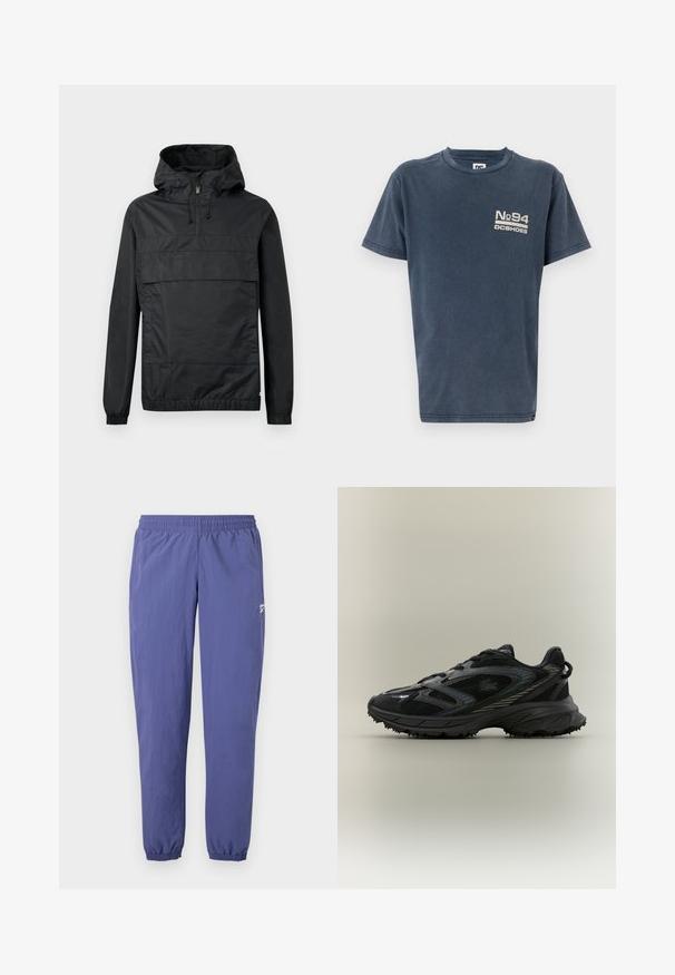 Zwart pullover jack met capuchon, elastische manchetten, een voorzak en een halve rits. Gemaakt van lichtgewicht, waterafstotend materiaal.; Korte mouwen, marineblauwe katoenen t-shirt met een print aan de voorkant met "No 94" en "DC Shoes" in een contrasterende lichtkleur. Klassiek model met ronde hals.; Paarse windbreaker broek met een elastische tailleband, taps toelopende pijpen, elastische manchetten en een zijzak met een klein logo detail.; Zwarte sportieve schoen met meshpanelen, een gestructureerde zool, veters en een gebogen silhouet met zilveren accenten aan de zijkanten.