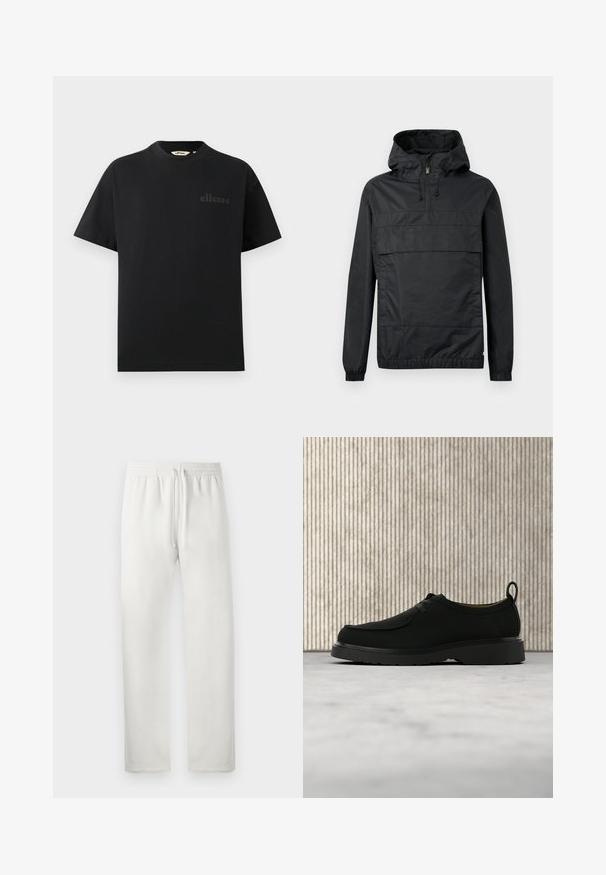 Schwarze Pulloverjacke mit Kapuze, elastischen Bündchen, einer Vordertasche und einem halben Reißverschluss. Aus leichtem, wasserabweisendem Material gefertigt.; Schwarzes T-Shirt aus Baumwolle mit klassischem Rundhalsausschnitt und kurzen Ärmeln. Verfügt über ein dezentes, geprägtes Logo auf der Brust.; Weiße Jogginghose aus weichem Material, mit elastischem Bund und Kordelzug, geraden Beinen und ohne sichtbare Muster oder Akzente.; Schwarzer Leder-Casual-Schuh mit Schnürsenkeln, dicker Sohle und Zuglasche, schwebt in der Luft über einem beigen Teppich vor braunen, runden Möbeln im Hintergrund.