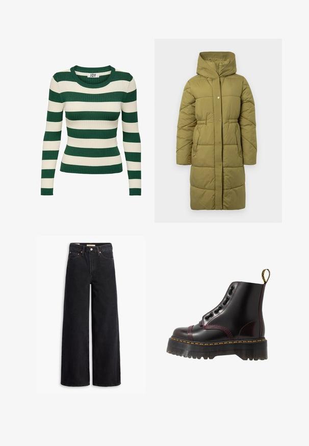 Manteau matelassé vert olive avec une large capuche, des boutons-pression et des poches latérales. Présente une texture côtelée le long de la patte de boutonnage et à la taille.; Pull à rayures vertes et crème, à manches longues, en maille côtelée, avec un col rond et une coupe ajustée, présentant une texture de tricot contrastante.; Jean noir à jambe large en denim, comportant cinq poches, des rivets en laiton et une fermeture à bouton classique. Texture lisse avec un design épuré.; Dr. Martens SINCLAIR - Bottines à plateau - cherry red arcadia
