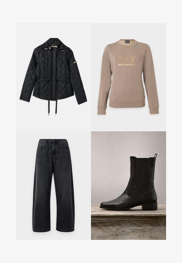 Chaqueta negra acolchada con capucha, que cuenta con una cintura ajustada, dos bolsillos frontales, detalles en dorado y cordones para ajuste.; Sudadera taupe de manga larga con cuello redondo, con logo dorado EA7 Emporio Armani y pequeño detalle dorado en el hombro izquierdo.; Jeans de pierna ancha en negro, fabricados en denim, con un diseño clásico de cinco bolsillos, un ligero desvanecimiento y un cierre de botón en la cintura.; Botín negro hasta el tobillo con un acabado brillante de textura de cocodrilo, puntera afilada y un tacón bajo cuadrado. Presenta una pequeña asa en la parte superior para facilitar su uso.