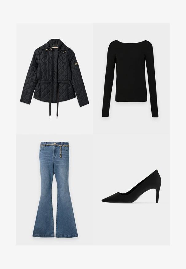 Veste noire matelassée avec capuche, dotée d'une taille cintrée, de deux poches avant, d'accents en matériel doré et de cordons de serrage pour l'ajustement.; Haut noir à manches longues avec un large col, design ajusté et texture lisse. Aucun motif ni hardware visible.; Jean flare en denim délavé moyen, avec un détail en chaîne dorée à la taille et une conception standard à cinq poches.; Chaussure à talon haut noire à bout pointu avec un talon fin et une finition mate et lisse, vue de profil sur fond blanc.