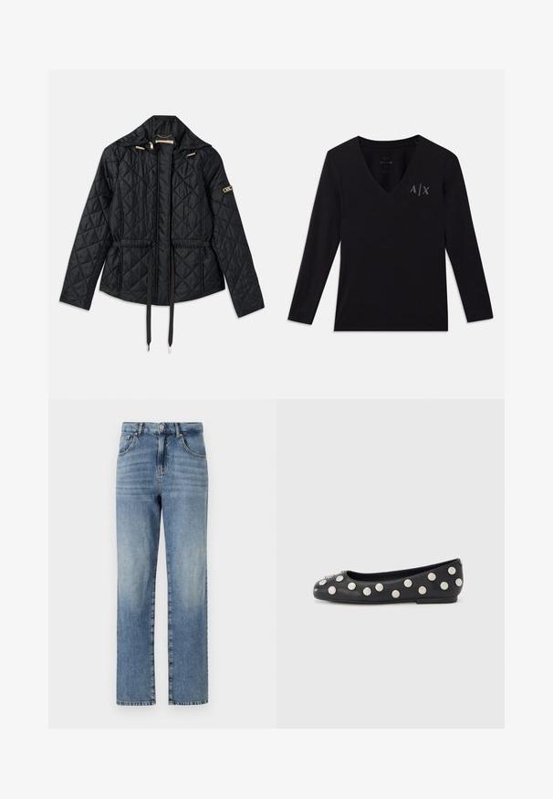 Veste noire matelassée avec capuche, dotée d'une taille cintrée, de deux poches avant, d'accents en matériel doré et de cordons de serrage pour l'ajustement.; T-shirt à manches longues noir en V en coton doux ; présente le logo brodé "A/X" en gris sur le côté supérieur gauche.; Jeans en denim bleu clair avec une coupe droite, comportant cinq poches, une fermeture à bouton et à glissière, et un léger délavage sur le tissu.; Ballerine plate en cuir noir avec des clous ronds en argent disposés le long du côté et un accent décoratif sur l\'orteil. Talon plat, design à bout arrondi.