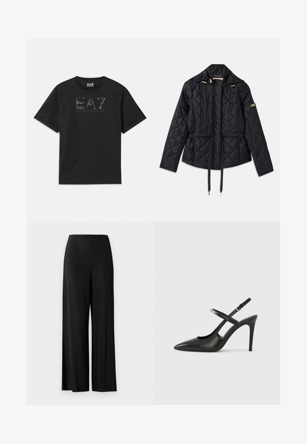 Chaqueta negra acolchada con capucha, que cuenta con una cintura ajustada, dos bolsillos frontales, detalles en dorado y cordones para ajuste.; Camiseta de algodón negra con un diseño de logo texturado en lentejuelas con "EA7" y "EMPORIO ARMANI" impreso en gris en el frente. Manga corta.; Pantalones negros de pierna ancha, fabricados en tela suave, con una cintura alta y sin bolsillos ni elementos metálicos visibles. Diseño hasta el suelo.; Tacones altos slingback de cuero negro con punta afilada, diseño con recortes y correa ajustable con herrajes metálicos.