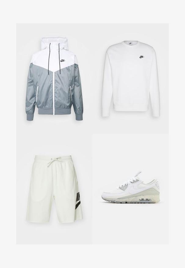 Lichtgewicht grijze en witte jacket met een capuchon, ritssluiting aan de voorkant, elastische manchetten en zijzakken; logo-accenten op de borst.; Witte sweatshirt van katoen met lange mouwen, ronde halslijn en zwart Nike-logo op de linker borst. Zachte textuur met ribbeen manchetten.; Lichtgrijze katoenen shorts met een elastische tailleband, een verstelbaar trekkoord en een zwart Nike-logo aan de linkerkant.; Witte Nike Air Max sneakers met een bovenwerk van mesh en synthetische materialen, ronde neus, zichtbare luchtunit en een gevoerd kraag met grijze accenten.