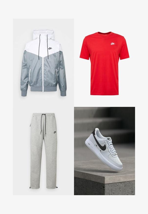 Grau-weiße, leichte Jacke mit Kapuze, durchgehendem Reißverschluss, elastischen Bündchen und Taschen an den Seiten; Logo-Akzente auf der Brust.; Rotes Baumwoll-T-Shirt mit Rundhalsausschnitt und kurzen Ärmeln, featuring ein weißes Nike-Logo auf der linken Brustseite. Glatte Textur und lässiges Design.; Graue Nike Sweatpants mit einem Kordelzugbund, Seitentaschen und elastischen Bündchen. Sie haben eine glatte Textur und ein kontrastierendes schwarzes Logodetail.; Weißer Nike Air Force 1 Sneaker mit schwarzem Swoosh-Logo, der über einer Betonvorsprung mit unscharfen Treppen im Hintergrund schwebt.