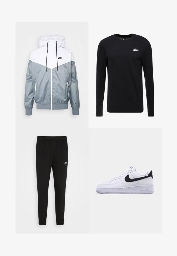 Grau-weiße, leichte Jacke mit Kapuze, durchgehendem Reißverschluss, elastischen Bündchen und Taschen an den Seiten; Logo-Akzente auf der Brust.; Schwarzes Langarm-T-Shirt aus Baumwolle, mit Rundhalsausschnitt, gerippten Bündchen und kleinem weißen Nike-Logo auf der Brust.; Schwarze Sweatpants aus weichem Stoff, ausgestattet mit einem elastischen Bund und eng anliegenden Bündchen, mit einem kleinen weißen Nike-Logo auf dem linken Oberschenkel.; Weißes Leder-Sneaker mit einem strukturierten schwarzen Swoosh, flachen Schnürsenkeln und einer Gummisohle mit genoppetem Muster. "AIR" ist auf der Ferse eingeprägt.