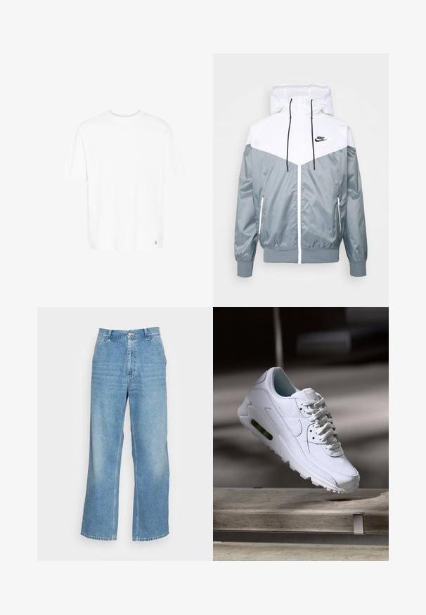 Grau-weiße, leichte Jacke mit Kapuze, durchgehendem Reißverschluss, elastischen Bündchen und Taschen an den Seiten; Logo-Akzente auf der Brust.; Weißes Kurzarm-T-Shirt aus weichem Baumwollmix. Mit Rundhalsausschnitt und dezentem Logo am unteren Saum. Schlichte Passform und lockerer Schnitt.; Helle blaue weit geschnittene Jeans aus Denim. Mit hoher Taille, Knopfverschluss und klassischem Five-Pocket-Design. Glatte Textur.; Weiße Lederturnschuhe mit strukturierten Oberflächen, gepolstertem Kragen und sichtbarer Luftpolsterung in der Sohle. Verfügt über Schnürsenkel und ein minimalistisches Design.