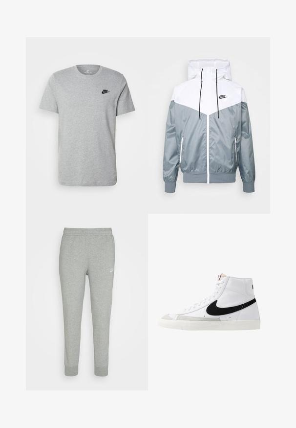 Grå og hvid letvægtsjakke med hætte, lynlås foran, elastiske manchetter og sidelommer; logo accenter på brystet.; Grå kortærmet T-shirt i bomuld med et sort Nike-logo på brystet og rund halsudskæring. Minimalistisk design uden mønstre.; Grå sweatpants lavet af blødt stof, med tapered ben design, elastisk talje og lille hvid Nike-logo på venstre lår.; Hvide høje sneakers med et sort swoosh, struktureret grå tåhætte og flad hvid sål. Har seks snørrehuller og syede detaljer.