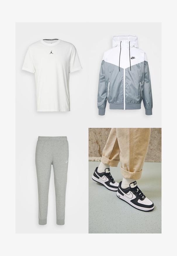 Lichtgewicht grijze en witte jacket met een capuchon, ritssluiting aan de voorkant, elastische manchetten en zijzakken; logo-accenten op de borst.; Witte T-shirt met korte mouwen van katoen, met een zwart Jumpman-logo op de borst en een ronde halslijn met een zwarte binnenlabel.; Grijze trainingsbroek van zacht materiaal, met een taps toelopend ontwerp, elastische tailleband en klein wit Nike-logo op de linker bovenbeen.; Zwart-witte Nike Air Force 1 sneakers met een leren bovenwerk, geperforeerde neus en gestructureerde zooldetails, gedragen met opgerolde beige broek en witte sokken.