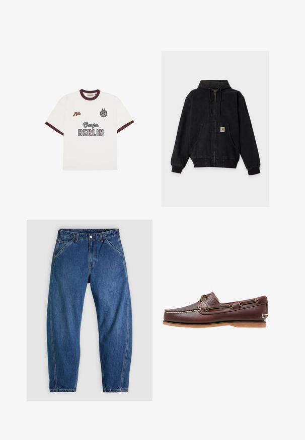 Zwarte capuchonjas met ritssluiting, voorzakken, elastische manchetten en een klein vierkant logo-label op de zak.; Witte T-shirt met korte mouwen en bordeauxrode afwerking, "Escape BERLIN" tekst op de voorkant in het midden, "Mitte" op de linkerborst en een cirkelvormig embleem met twee sterren op de rechterborst.; Blauwe spijkerbroek met een ontspannen pasvorm, voorzien van een knoopsluiting, vijf zakken en contrasterende oranje stiksels. Gladde textuur over het hele oppervlak.; Bruine leren bootschoen met witte stiksels, veterdetails en beige rubberen zool, zijaanzicht op een witte achtergrond.