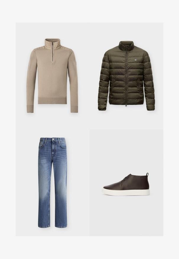 Doudoune matelassée vert olive avec col montant, fermeture éclair devant, deux poches latérales zippées et petit logo poitrine sur fond uni.; Pull beige à manches longues avec empiècements matelassés sur les épaules, demi-fermeture éclair à l'avant, col montant, et poignets et ourlet côtelés.; Jean denim bleu à coupe droite, design cinq poches, fermeture par bouton et zip, avec des détails légèrement délavés sur les cuisses avant.; Bottines en cuir marron avec semelle en caoutchouc blanc, bout arrondi, deux œillets pour les lacets et une languette à l'arrière avec le logo de la marque.