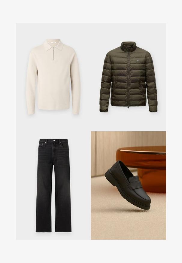 Doudoune matelassée vert olive avec col montant, fermeture éclair devant, deux poches latérales zippées et petit logo poitrine sur fond uni.; Pull beige à manches longues avec un col et une courte fermeture éclair à l’avant, présenté sur un fond blanc.; Jean noir droit avec cinq poches, passants pour ceinture et fermeture par bouton, présenté sur un fond blanc.; Mocassin en cuir noir à semelle épaisse flottant au-dessus d'un tapis beige, avec une table ronde marron en arrière-plan.