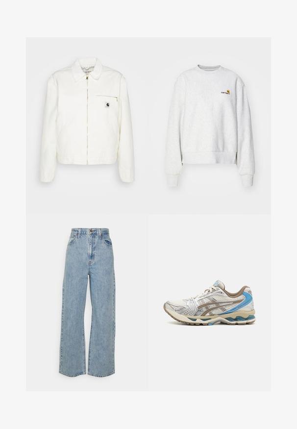 Witte denimjasje met een kraag, een gouden rits en een linker borstzak met een logo. Zachte textuur en casual silhouet.; Grijze crewneck sweatshirt van een zachte stof met geribbelde manchetten en onderrand; voorzien van een geborduurd logo op de borst in geel en bordeauxrood.; Lichtblauwe wijde denim jeans met hoge taille, sluiting met voorknop en rits, en vijfzakkenontwerp op een effen achtergrond.; Witte en beige hardloopschoen met blauwe accenten, mesh bovenwerk, gewatteerde zool en vetersluiting, getoond vanaf de buitenkant.