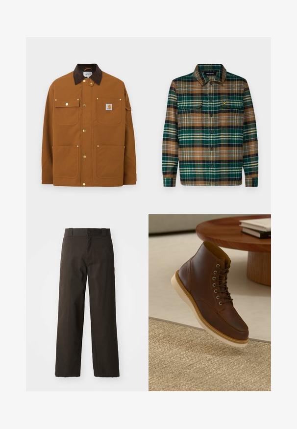 Chaqueta de trabajo marrón con cuello de pana marrón oscuro, cuatro bolsillos delanteros, botones de presión dorados y un parche con el logo de Carhartt en el bolsillo superior derecho.; Camisa de franela a cuadros en verde, marrón y negro con cierre de botones en la parte delantera, dos bolsillos en el pecho y un pequeño logo bordado en el bolsillo izquierdo.; Pantalones de algodón negros con un diseño de pierna recta, que cuentan con un cierre de botón y una cinturilla clásica. Textura suave, sin patrones ni acentos.; Botín de cuero marrón con suela beige sobre una alfombra beige texturizada al lado de una mesa redonda de madera con libros apilados.