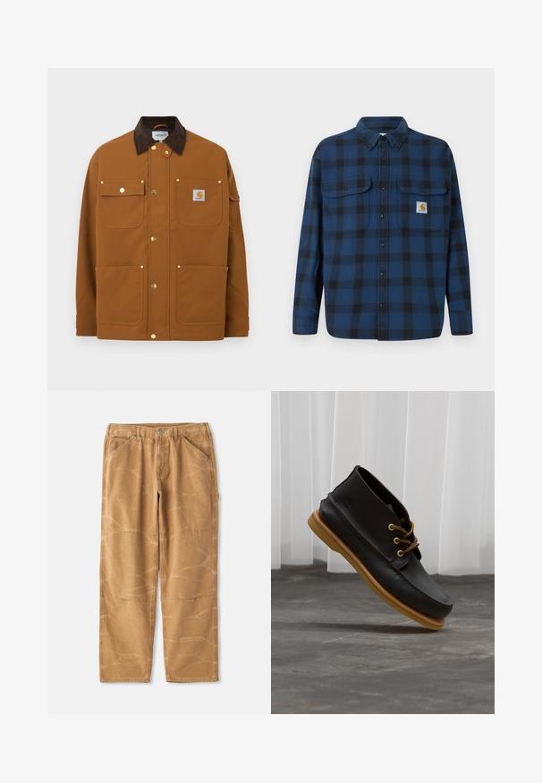 Veste de travail marron avec col en velours côtelé brun foncé, quatre poches avant, boutons-pression dorés et écusson logo Carhartt sur la poche supérieure droite.; Chemise en flanelle à carreaux bleus et noirs avec des manches longues, un devant à boutons, deux poches sur la poitrine et une étiquette de marque sur la poche gauche.; Pantalons en coton beige avec une coupe ample, présentant des coutures visibles, des détails en patch et une texture légèrement froissée.; Chaussures en cuir noir avec une finition lisse, bout rond, lacets marron et semelles en caoutchouc marron clair. Logo embossé sur le côté.