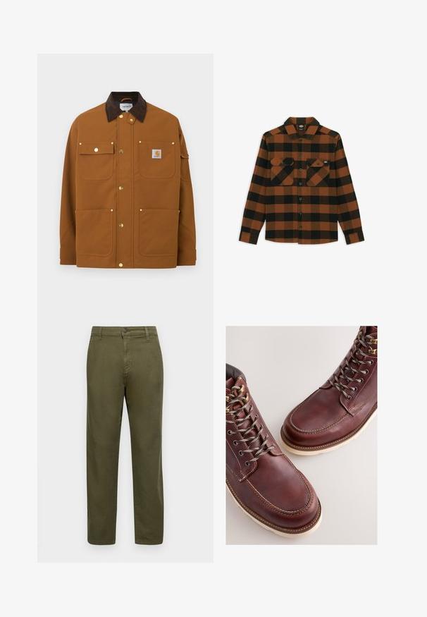 Chaqueta de trabajo marrón con cuello de pana marrón oscuro, cuatro bolsillos delanteros, botones de presión dorados y un parche con el logo de Carhartt en el bolsillo superior derecho.; Camisa de manga larga en un patrón de cuadros naranja y negro, hecha de una tela texturizada. Presenta dos bolsillos en el pecho y cierre frontal con botones.; Pantalones de algodón verde oliva con corte recto, cierre de botón y detalles de costura mínimos. Textura suave y sin patrones distintivos.; Botas de cuero marrón con un acabado suave, con ojales metálicos, cordones grises y suela de goma color crema. Detalle de costuras a lo largo de los bordes.