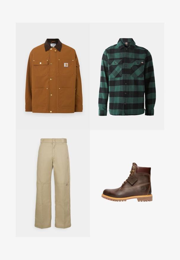 Brun arbejdsjakke med mørkebrun fløjlskrave, fire frontlommer, guldknapper med tryk og en Carhartt-logo lap på den øverste højre lomme.; Grøn- og sortternet flannel skjorte med lange ærmer, knaplukning foran, to brystlommer og en klassisk krave. Blød tekstur, alsidigt design.; Beige brede benbukser lavet af robust stof, med høj talje, synlig syning og et lille logo-patch på siden.; Brun læder ankelstøvle med rund tå, solid sål, hardware i guldtone og en tekstureret overdel. Inkluderer et logo-tagfæstet.