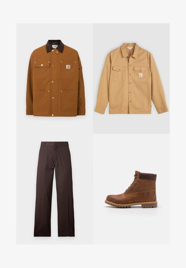 Veste de travail marron avec col en velours côtelé brun foncé, quatre poches avant, boutons-pression dorés et écusson logo Carhartt sur la poche supérieure droite.; Chemise beige à manches longues, avec deux poches sur la poitrine et une petite étiquette. Fabriquée en coton avec une texture lisse et un design de col classique.; Pantalon marron droit avec passants de ceinture et fermeture éclair à l'avant, présenté sur un fond clair uni.; Botte de randonnée en cuir marron avec une finition lisse, cheville rembourrée, œillets en métal et semelle en caoutchouc dotée d'un motif de crampons robuste.