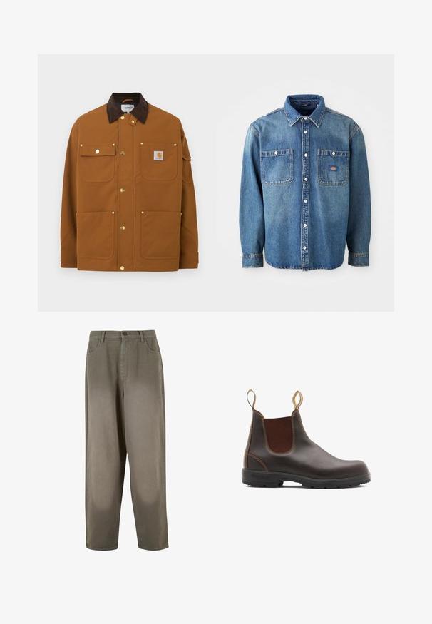 Chaqueta de trabajo marrón con cuello de pana marrón oscuro, cuatro bolsillos delanteros, botones de presión dorados y un parche con el logo de Carhartt en el bolsillo superior derecho.; Camisa de mezclilla en azul medio, con cuello de punta, dos bolsillos en el pecho y botones plateados. Mangas largas con puños abotonados.; Pantalones anchos de color verde claro, hechos de una tela suave. Presentan un cierre de botón, bolsillos frontales y una textura general lisa.; Botas Chelsea de cuero marrón con paneles laterales elásticos y tiradores. Parte superior texturizada, suela de goma duradera y detalle de costura en contraste.
