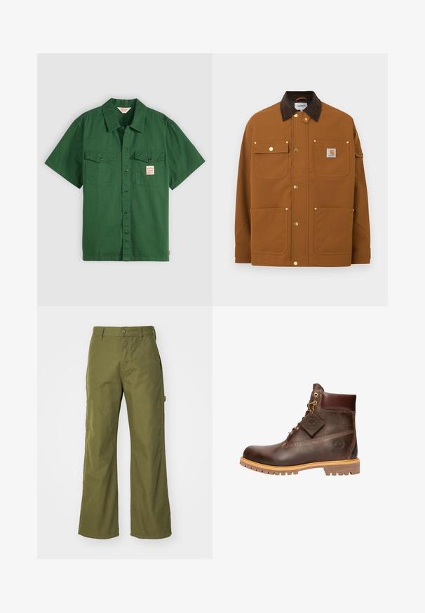 Chaqueta de trabajo marrón con cuello de pana marrón oscuro, cuatro bolsillos delanteros, botones de presión dorados y un parche con el logo de Carhartt en el bolsillo superior derecho.; Camisa de algodón verde de manga corta con botones en la parte delantera, dos bolsillos en el pecho y una pequeña etiqueta en el bolsillo izquierdo. Sencilla, sin patrones.; Pantalones de pernera ancha en verde oliva, confeccionados con una tela resistente, que presentan un cierre de botón, bolsillos laterales y un diseño de dobladillo recto.; Botín de cuero marrón hasta el tobillo con punta redonda, suela resistente, herrajes en tono dorado y parte superior texturizada. Incluye una etiqueta con el logo adjunta.