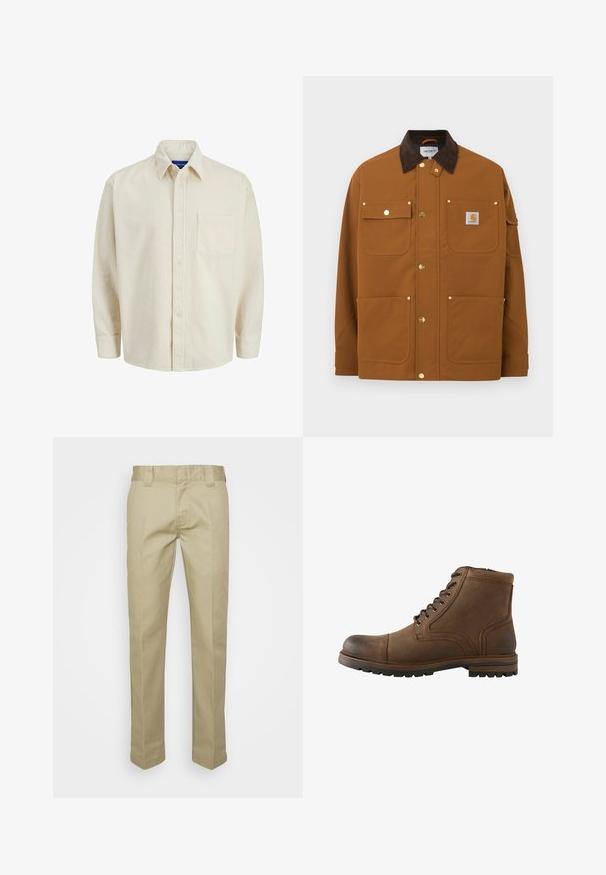 Brun arbejdsjakke med mørkebrun fløjlskrave, fire frontlommer, guldknapper med tryk og en Carhartt-logo lap på den øverste højre lomme.; Beige corduroy skjorte med knaplukning foran, krave, lange ærmer og en enkelt brystlomme. Har smalle lodrette striber.; Beige bukser lavet af et glat stof, med et lige ben-design, bæltestropper og forkantfolder for et skræddersyet udseende.; Brun læderankelstøvle med snørelukning foran og robust sål, designet til casual eller udendørs brug.