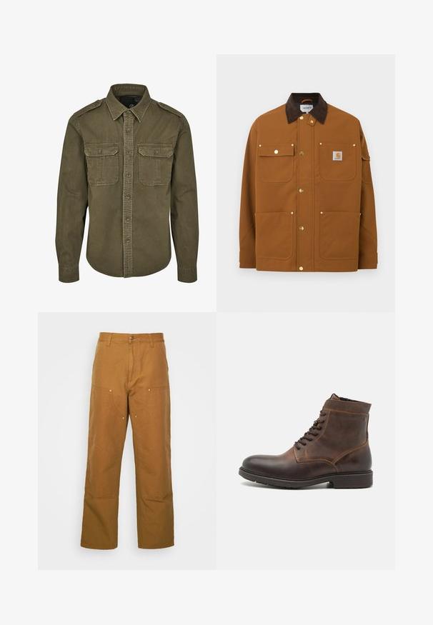 Braune Arbeitsjacke mit dunkelbraunem Cordkragen, vier Vordertaschen, goldfarbenen Druckknöpfen und einem Carhartt-Logoaufnäher auf der oberen rechten Tasche.; Olivgrünes Button-Down-Shirt aus Baumwolle. Verfügt über einen Kragen, zwei Brusttaschen mit Klappen und strukturierte Schultern mit sichtbaren Nähten.; Braune Baumwoll-Arbeitshosen mit geradem Bein, die über Vordertaschen und Metallakzente für zusätzliche Strapazierfähigkeit verfügen.; Jack & Jones JFWDELANEY BOOT - Schnürstiefelette - cognac