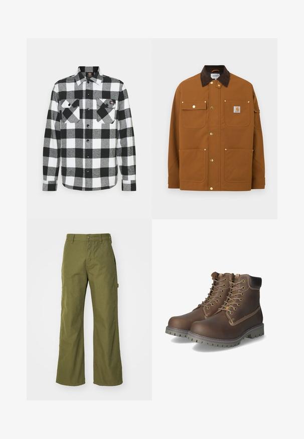 Brun arbejdsjakke med mørkebrun fløjlskrave, fire frontlommer, guldknapper med tryk og en Carhartt-logo lap på den øverste højre lomme.; Sort og hvid flannel skjorte med ternet mønster, prydet med to brystlommer, knaplukning foran og krave. Blødt, tekstureret stof.; Oliven grønne bukser med bred ben, lavet af slidstærkt stof, med knaplukning, sidelommer og lige kantdesign.; Brune læder ankelstøvler med snørebånd, polstret krave, kontrasterende syninger og slidstærk gummisål med skridsikre mønstre.