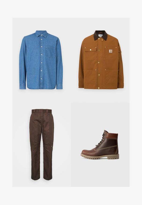 Bruine werkjas met een donkerbruine ribfluwelen kraag, vier voorzakken, gouden drukknopen en een Carhartt-logopatch op de bovenste rechterszak.; Denim overhemd, lichtblauw, lange mouwen, knoopsluiting aan de voorkant, kraag, enkele borstzak, rechte zoom, subtiele textuur, casual ontwerp.; Bruine, recht lopende broek met een gladde textuur. Heeft een riemlus, zijnaad en een klein merklogo op het linkerbeen.; Bruine leren veterschoen tot de enkel met gevoerde kraag, contrasterende stiksels en een robuuste zool, getoond vanaf de buitenkant op een witte achtergrond.