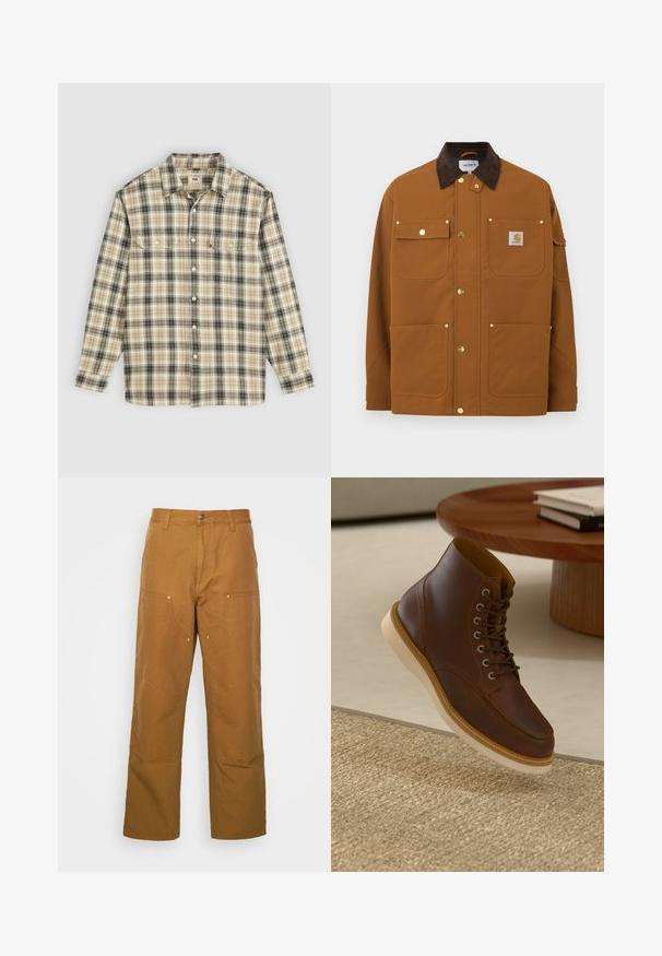 Brun arbejdsjakke med mørkebrun fløjlskrave, fire frontlommer, guldknapper med tryk og en Carhartt-logo lap på den øverste højre lomme.; Langærmet ternet skjorte i beige, sort og brun stof, med knaplukning, to brystlommer og klassisk krave-design.; Brune bomuldsarbejdsbukser med lige ben-design, der har frontlommer og metalhardware detaljer for ekstra holdbarhed.; Brune læderankelstøvle med beige sål på et struktureret beige tæppe ved siden af et rundt træbord med stakke af bøger.