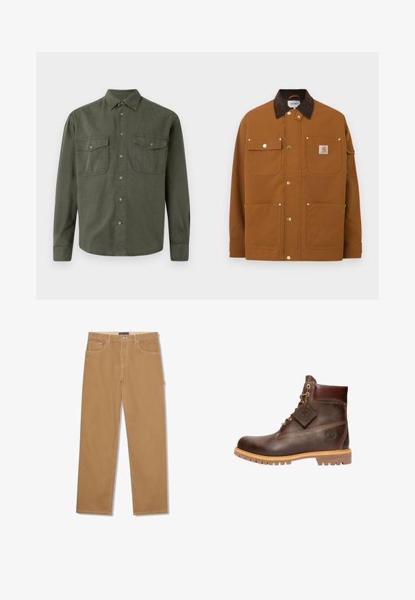 Bruine werkjas met een donkerbruine ribfluwelen kraag, vier voorzakken, gouden drukknopen en een Carhartt-logopatch op de bovenste rechterszak.; Khaki langekootshirt van katoen. Heeft een knoopsluiting aan de voorkant, twee borstzakken met kleppen en een klassieke kraag. Eenvoudig ontwerp.; Lichtbruine broek met rechte pijpen, vooraan met knoop en rits, met voorzakken en muntzakje, en zichtbare witte stiksels.; Bruine leren enkelboot met een ronde neus, stevige zool, hardware in goudkleur en een gestructureerde bovenkant. Inclusief een merklabel dat is bevestigd.
