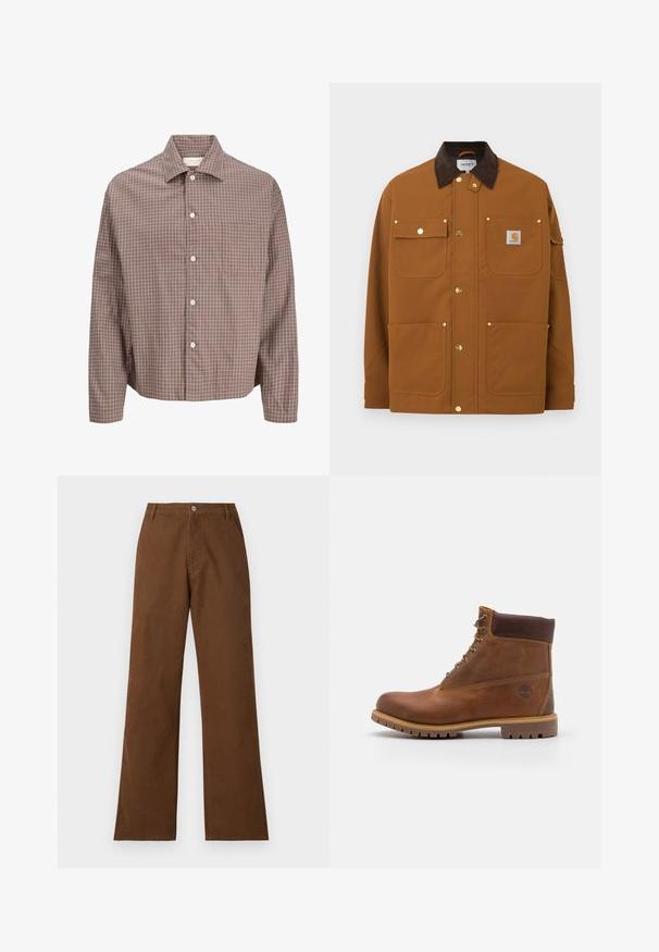 Veste de travail marron avec col en velours côtelé brun foncé, quatre poches avant, boutons-pression dorés et écusson logo Carhartt sur la poche supérieure droite.; Chemise marron à manches longues avec motif à carreaux blancs et poche poitrine, dotée d'un col classique et de cinq boutons sur le devant.; Pantalons en coton marron avec une coupe droite, fermeture à bouton et deux poches avant. Texture lisse sans motifs ni embellissements visibles.; Botte de randonnée en cuir marron avec une finition lisse, cheville rembourrée, œillets en métal et semelle en caoutchouc dotée d'un motif de crampons robuste.