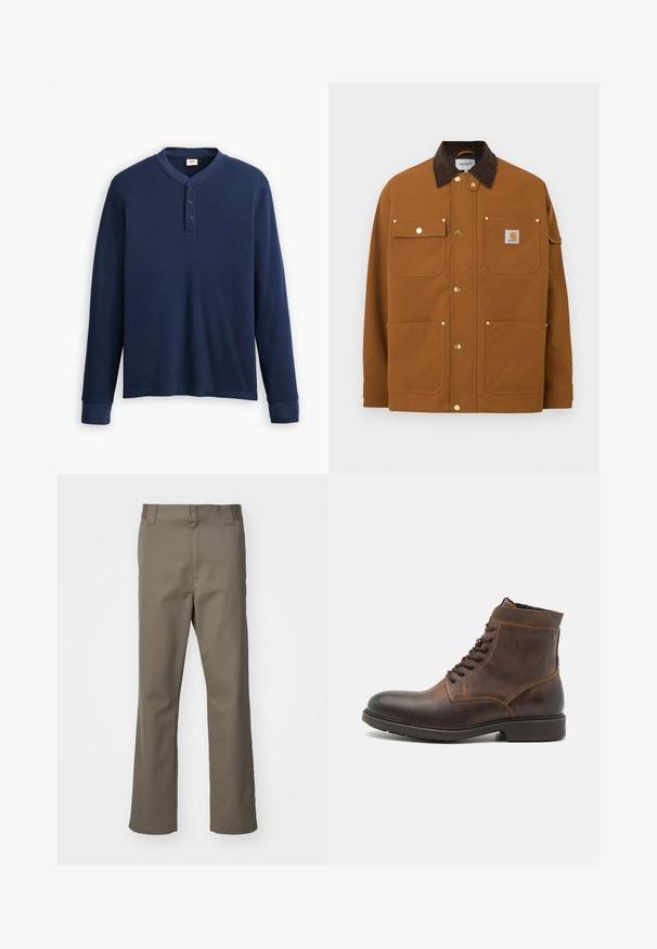 Braune Arbeitsjacke mit dunkelbraunem Cordkragen, vier Vordertaschen, goldfarbenen Druckknöpfen und einem Carhartt-Logoaufnäher auf der oberen rechten Tasche.; Langärmliges navyblaues Henley-Shirt aus geripptem Stoff. Mit rundem Ausschnitt und einer Knopfleiste mit drei Knöpfen. Die Bündchen sind schmal geschnitten.; Braune gerade geschnittene Hosen mit Gürtelschlaufen, Reißverschluss vorne und ohne sichtbare Taschen, auf einem weißen Hintergrund präsentiert.; Jack & Jones JFWDELANEY BOOT - Schnürstiefelette - cognac