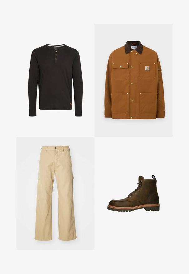 Chaqueta de trabajo marrón con cuello de pana marrón oscuro, cuatro bolsillos delanteros, botones de presión dorados y un parche con el logo de Carhartt en el bolsillo superior derecho.; Camisa de manga larga negra hecha de una tela suave, con un cuello redondo, tapeta de botones con botones de madera y una pequeña etiqueta de logo en el dobladillo.; Pantalones cargo de pierna ancha en color beige con cierre de botón, que cuentan con bolsillos laterales, fabricados en resistente tejido de algodón, con textura suave y diseño de corte recto.; Botín de cuero marrón hasta el tobillo con punta redonda, cordones redondos, suela de goma y entresuela de color marrón claro. Cuenta con un lazo en el talón para facilitar su colocación.