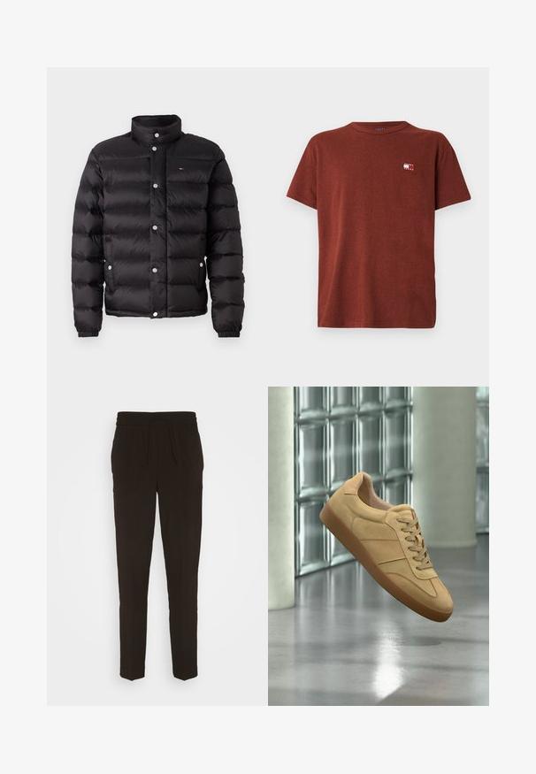 Must must jacket kõrge kraega, horisontaalne tikand, hõbedased nupud ja väike logo rinnal.; Pruun puuvillane t-särk lühikeste varrukatega ja ümmarguse kaelusega. Omab väikest logo vasakus ülanurgas. Lihtne disain, pehme tekstuur.; Mustad, pikad, kitsenevad püksid, mis on valmistatud pehmest ja siledast materjalist. Omavad elastset vöökohta, millel on reguleeritav nöör.; Beežid seemisnahast tossud kummist tallaga, paelaga kinnituv, hõljub siseruumis poleeritud betoonpõranda kohal klaasplokkseinaga lähedal.