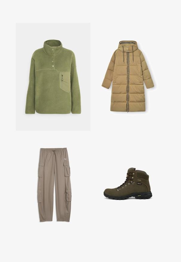 Abrigo largo beige acolchado de invierno con capucha, cremallera frontal, botones de presión y cordones para ajuste.; Sudadera de forro polar verde oliva con un cuello alto, tres botones y un bolsillo en el pecho con cremallera. Textura suave con detalles de costura en contraste.; Pantalones cargo de corte ancho de color marrón claro con cintura con cordón y bolsillos con solapa en cada pierna, con un pequeño logo blanco de Puma en el lado derecho.; Bota de senderismo alta marrón con suela negra, ojales de metal, etiqueta Gore-Tex y cuello acolchado diseñada para uso al aire libre.
