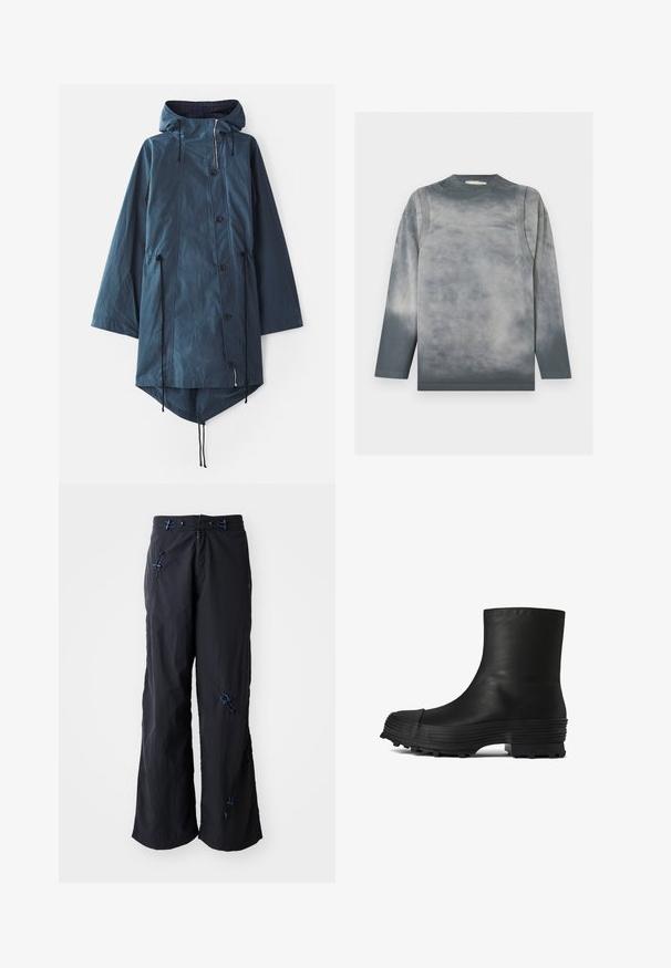 Henrik Vibskov WING - Parkaer - dark petrol wax; Langærmet T-shirt med rund halsudskæring med grå og sort gradient tie-dye mønster, subtile syningsdetaljer og lille tone-i-tone tekst på brystet.; Sorte, lette bukser med vidde og struktureret overflade. Har blå detaljer og justerbare toggles. Lynlåslukning.; CAMPERLAB TRAKTORI - Støvletter - schwarz