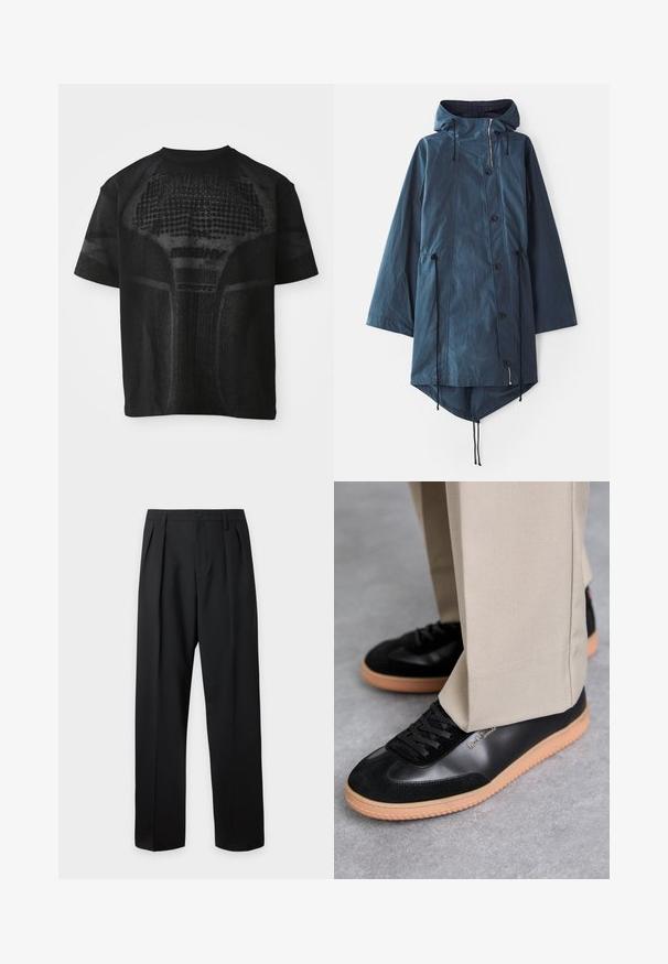 Henrik Vibskov WING - Parkaer - dark petrol wax; Sort sport T-shirt med korte ærmer og struktureret mønster samt diskret "MISBHV SPORT" tekst på fronten.; Sorte skræddersyede bukser med høj talje, bæltestropper, frontfolder, knaplukning og lige vide ben på en lys baggrund.; Paul Smith COMO - Sneakers - black