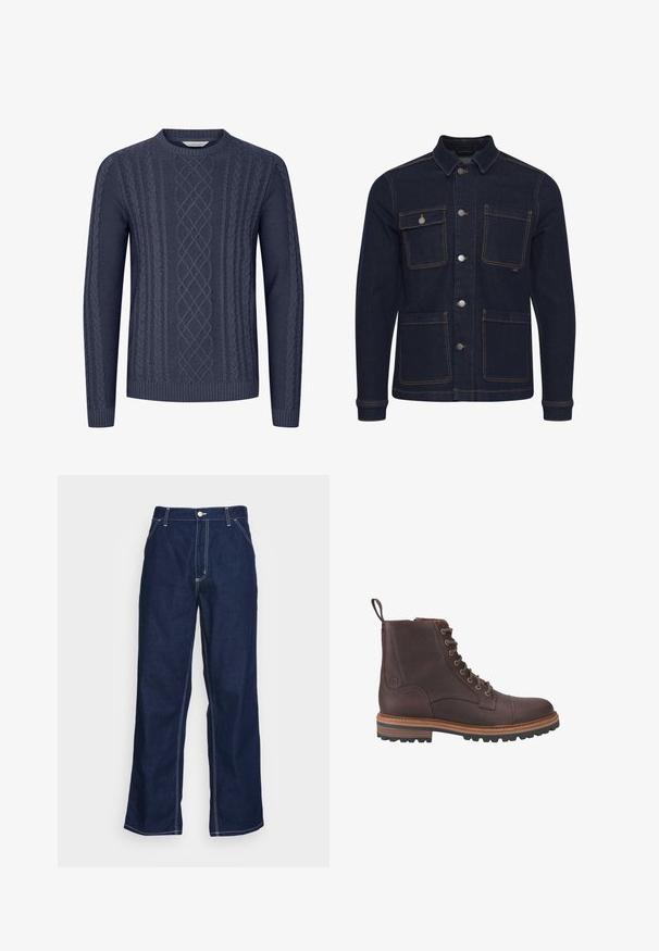Mørkeblå denimjakke med almindelig pasform, knaplukning, fire lommer og kontrastsyninger. Har krave og lange ærmer.; Mørkeblå strikket sweater med teksturerede kabelmønstre, rund halsudskæring og ribbekanter ved ærmerne og nederste kant. Fremstillet af blødt og holdbart stof.; Mørkeblå denim-bukser med brede ben, der har høj talje, forlommer og kontrasterende hvid syning langs sømmene.; Brune læder støvler med snørebånd ved anklen, med en tekstureret overflade, kontrasterende beige såler og metaløjer. Har en trækflig for nem påtagning.
