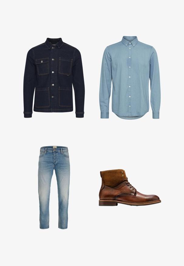 Dunkelblaue Denimjacke mit normaler Passform, Knopfverschluss, vier Taschen und kontrastierenden Nähten. Mit Kragen und langen Ärmeln.; Helle blaue Jeanshemd mit Button-Down-Kragen, langen Ärmeln und abgerundetem Saum. Verfügt über eine Vorderleiste mit weißen Knöpfen.; Hellblaue verwaschene Straight-Leg-Jeans mit fünf Taschen und Knopfverschluss, frontal auf weißem Hintergrund dargestellt.; Kazar ALID - Schnürstiefelette - brown