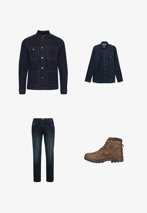 Dunkelblaue Denimjacke mit normaler Passform, Knopfverschluss, vier Taschen und kontrastierenden Nähten. Mit Kragen und langen Ärmeln.; Dunkelblaues Jeanshemd mit langen Ärmeln, Knopfleiste, zwei aufgesetzten Brusttaschen mit Knöpfen und klassischem Kragen.; Dunkelblaue Denim-Jeans mit geradem Bein, ausgestattet mit fünf Taschen, einem Knopfverschluss und dezentem Verblassen an den Oberschenkeln.; Braune Leder-Ankle-Boots mit runder Zehenpartie, Schnürdesign, gepolstertem Kragen und strukturiertem Gummisohle. Mit Logo und Metallelementen ausgestattet.