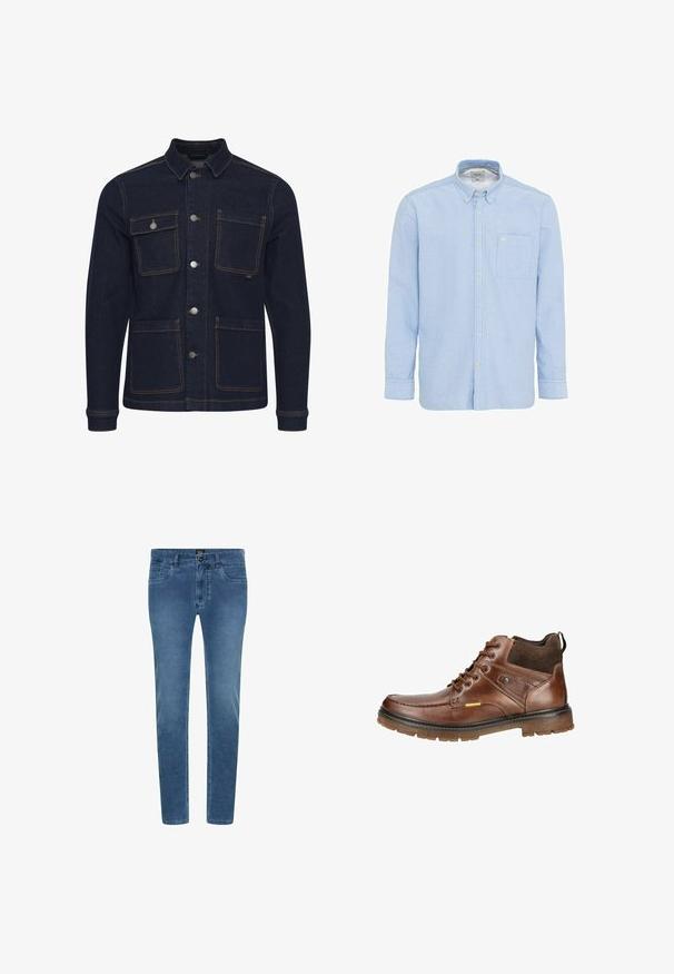 Dunkelblaue Denimjacke mit normaler Passform, Knopfverschluss, vier Taschen und kontrastierenden Nähten. Mit Kragen und langen Ärmeln.; Hellblaues Hemd mit langen Ärmeln, einer einzelnen Brusttasche und einer subtilen Textur. Es verfügt über einen klassischen Kragen und passende Knöpfe.; Blaue Denim-Jeans mit schmaler Passform, die vordere Taschen, einen Knopfverschluss und dezente Verblassung entlang der Beine aufweisen.; Braune Lederknöchelstiefel mit einem strukturierten Stoffkragen, runder Zehenpartie und profilierten Gummisohlen. Verfügt über ein Schnürdesign und dekorative Nähte.