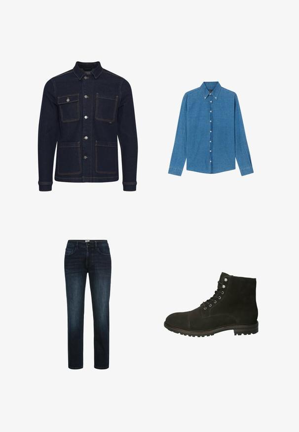 Dunkelblaue Denimjacke mit normaler Passform, Knopfverschluss, vier Taschen und kontrastierenden Nähten. Mit Kragen und langen Ärmeln.; Blaue Denim-Hemd mit Button-down-Kragen, langen Ärmeln und Knöpfen vorne. Der Stoff hat eine strukturierte Oberfläche und einen klassischen Schnitt.; Dunkelblaue Denim-Jeans mit geradem Bein, ausgestattet mit fünf Taschen, einem Knopfverschluss und dezentem Verblassen an den Oberschenkeln.; Braune Wildleder-Stiefelette mit runder Spitze, Schnürung vorne, silberfarbenen Ösen und einer strukturierten Gummisohle. Flacher Absatz, schlichtes Design.