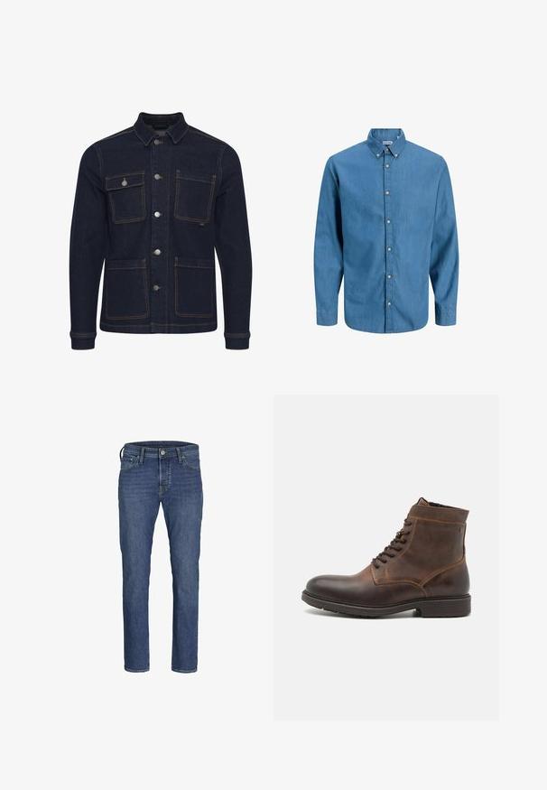 Mørkeblå denimjakke med almindelig pasform, knaplukning, fire lommer og kontrastsyninger. Har krave og lange ærmer.; Blå skjorte med knapper, lavet af denim, med krave og lange ærmer. Ensartet tekstur med synlige knapper ned ad fronten.; Herre blå denim jeans med lige ben-design, fem lommers styling og klassisk knap- og lynlåslukning.; Jack & Jones JFWDELANEY BOOT - Snørestøvletter - cognac