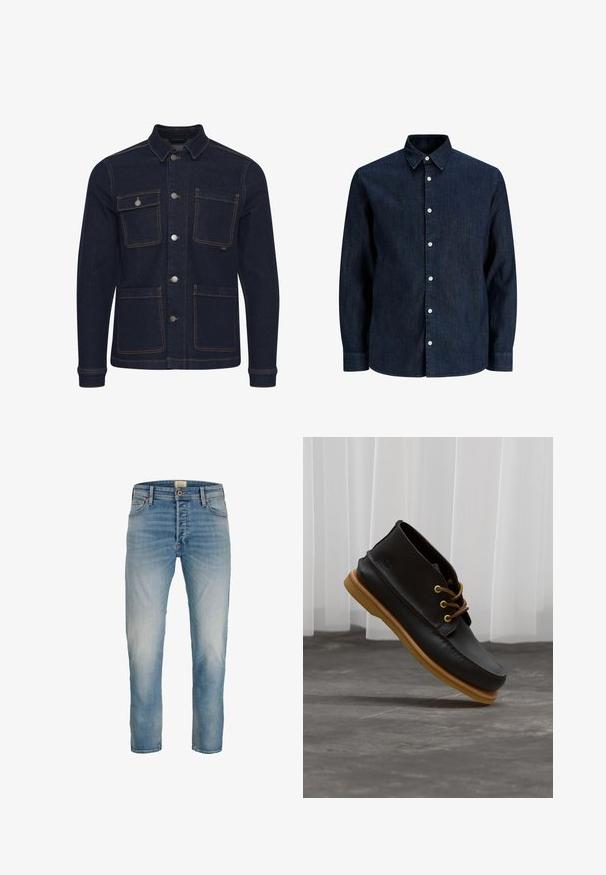 Donkerblauwe spijkerjack met een normale pasvorm, knoopsluiting, vier zakken en contrasterende stiksels. Voorzien van een kraag en lange mouwen.; Donkerblauw denim overhemd met lange mouwen, witte knopen en een puntige kraag, getoond op een witte achtergrond.; Lichtblauwe vervaagde straight-leg jeans met vijf zakken en een knoopsluiting, weergegeven met de voorkant naar voren op een witte achtergrond.; Zwarte leren schoenen met een gladde afwerking, ronde neus, bruine veters en lichtbruine rubberen zolen. Logo gegraveerd aan de zijkant.